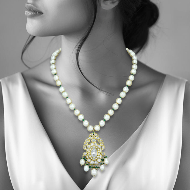 Pearl Strand Necklace with Polki Pendant and Emerald Beads